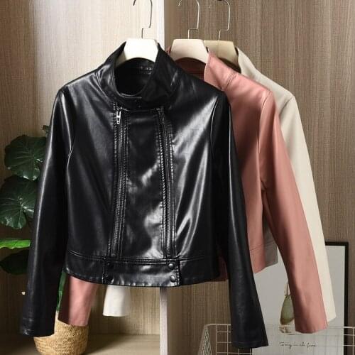 Pink Off-white Black Faux Soft PU Leather jacket Korean Casual Women Slim Short Long sleeve Motorcycle Biker jacket 2021 Spring