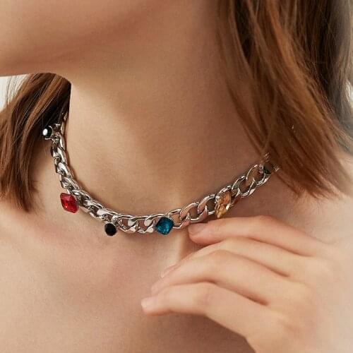 Lifefontier Punk Colorful Crystal Rhinestone Choker Necklaces for Women Silver Color Metal Thick Cuban Chain Necklace Jewelry