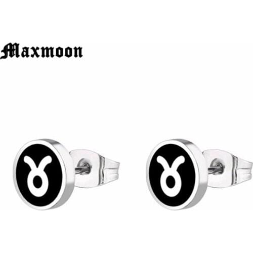 Maxmoon Mens Earring Twelve constellations Taurus Male Stainless Steel Ear Clip Studs Earing Men Jewelry