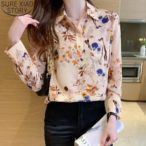 2021 Autumn New Button Up Silk Shirt Ladies Tops Vintage Floral Print Shirt Women Loose Long Sleeve Blouse Clothes Blusas 16387