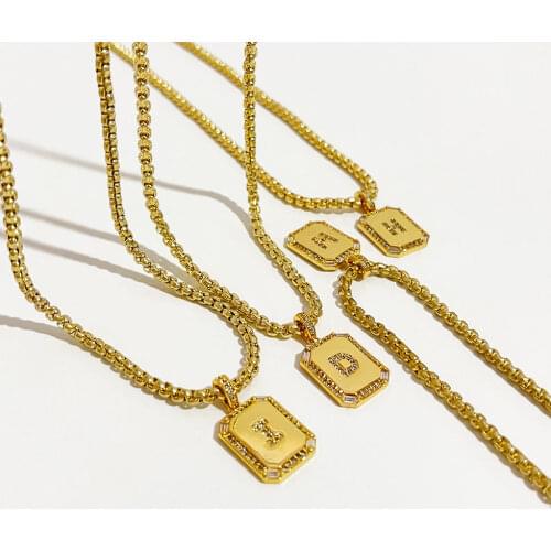 PerisBox Classic 26 Letters Square Coin Pendant Necklace Female Inlay Zircon Initial Necklace Pendants Layered Collier Alphabet