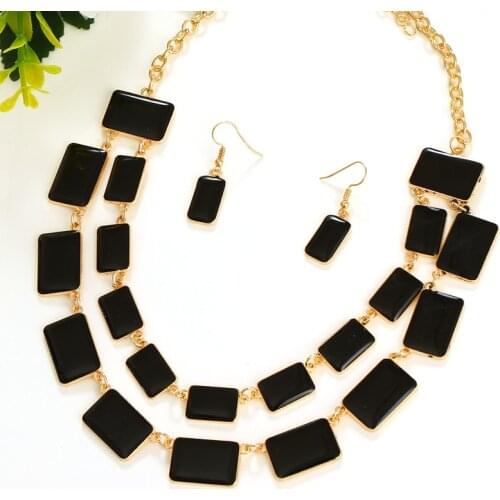 Black enamel wedding jewelry sets gold color statement jewelry sets geometric pattern necklace drop earrings set