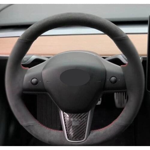 Top Perforated Leather Hand-stitched Black Suede Car Steering Wheel Cover For Tesla Model 3 2017 2018 2019 Hand-stitch on Wrap