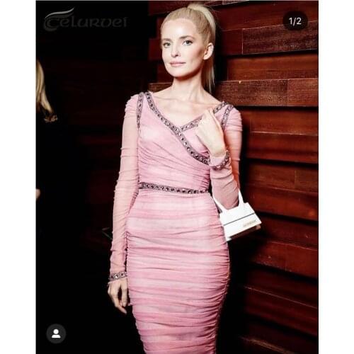 High Quality Pink Mesh Long Sleeve Sparkly Beading Rayon Bandage Dress Elegant Club Party Dress