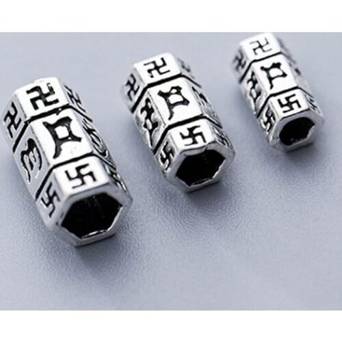 925 Sterling Silver Craft Carved Cylinder Spacer Beads 9mm 10mm 12mm Buddhism Symbol Charm Tube Beads DIY Jewelry Making Gift