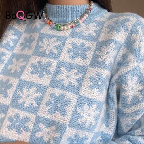 Autum Flower Print Oversized Sweater Casual O Neck Pullover Jumpers Women Full Sleeve Loose Style Winter Sweater Tops Outwear