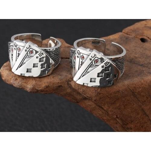 Genuine 925 Sterling Silver Female Vintage Simple Open Rings Poker Design Fashion Jewelry For Women Opening Adjustable Ring Gift
