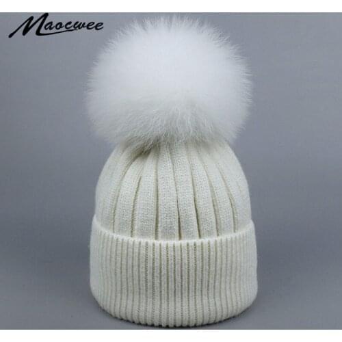 Girls Women Winter Wool Warm Beanie Cap With Real Fox Fur Pom Pom Parent-child Knitted Hat Outdoor Casual Crochet Hedging Caps