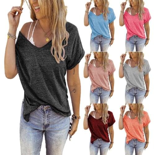 2021 summer womens clothing manufacturers directly supply Amazons new V-neck solid color stitching loose T-shirt top women