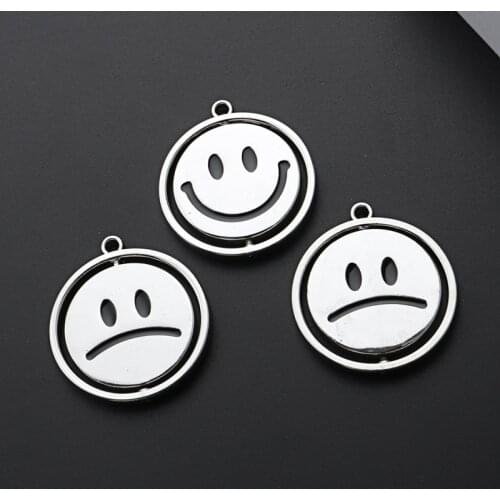3pcs Silver Color 34x30mm Smile And Sad Face Charms Reversible Pendant Fit DIY Hip Hop Jewelry Making Handcrafted Accessories