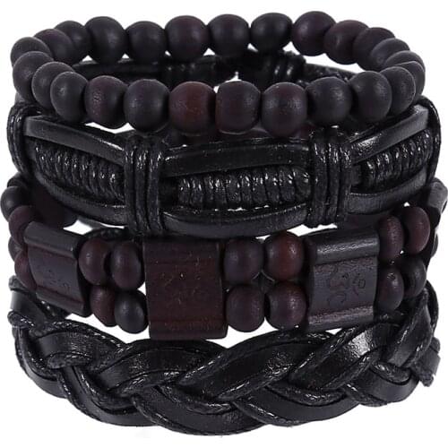 4pcs/set hippie punk macrame cord knots dark brown black leather wood beads Layers stackable wrap wide Bracelet Bangles for man
