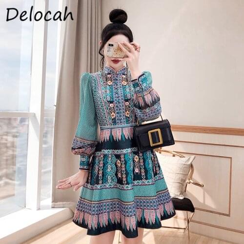 Delocah New 2021 Autumn Women Fashion DesignerParty Midi Dress Lantern Sleeve Vintage Print Elegant Ladies A-Line Dress Vestidos