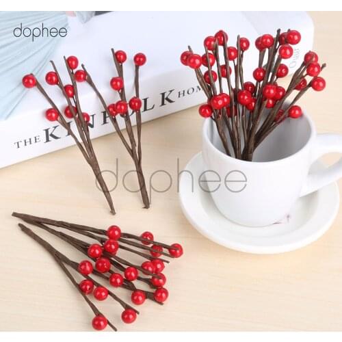 Dophee10pcs 8mm Red Artificial Flower Mini Berry Bacca Bouquet For Wedding DIY Scrapbooking Decorative Wreath Fake Flowers
