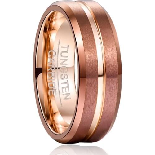 NUNCAD 8mm Width Tungsten Carbide Ring Brown Plating Rose Gold Middle Groove Tungsten Steel Mens Ring