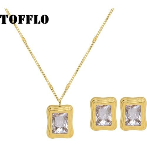 TOFFLO Stainless Steel Jewelry Square Zircon Brick Pendant Necklace Clavicle Chain Female Earrings Set BSP201-BSF501
