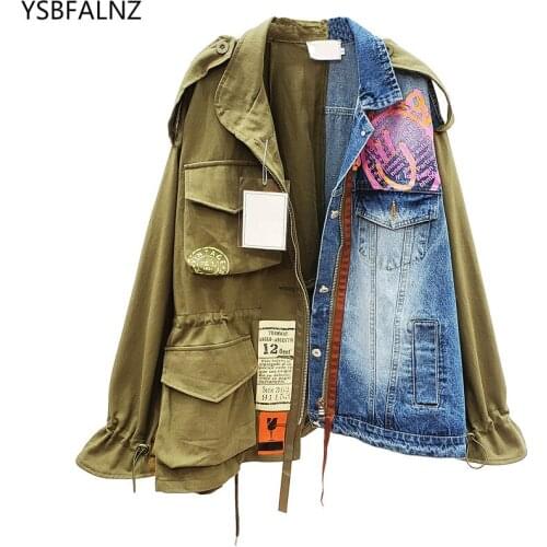 2020 Women Jacket Spring Plus Size Autumn High Quality Lapel Long Sleeve Fake Two Piece Denim Patchwork Vintage Printing Coat