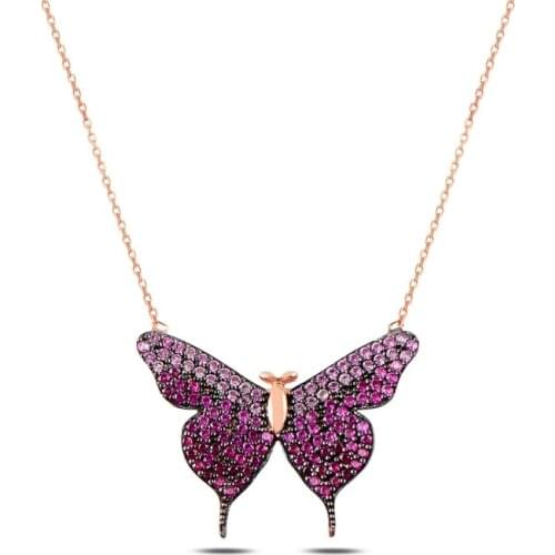 KUTAYDAN Pink Grayscale Nano Cubic Zirconia Butterfly Pendant 925 Sterling Silver