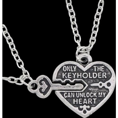 Fashion Heart Letter Couple Necklace Set Retro "Only The Key Chain Can Open My Heart"Heart-Shaped Stitching Pendant Jewelry