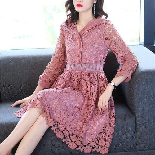 2020 Fashion Spring Womens Ladies Hooded Lace Patchwork Ankle Length Long Sleeve Dress , Female Woman Korean Dresses