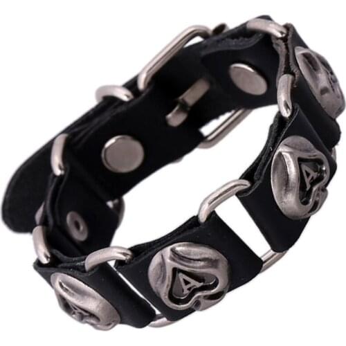 Fashion Punk Black Men Women Jewelry Genuine Leather Bracelet Adjustable Retro Alloy Charm Casual Hippie Wristbands Wrap Bangle