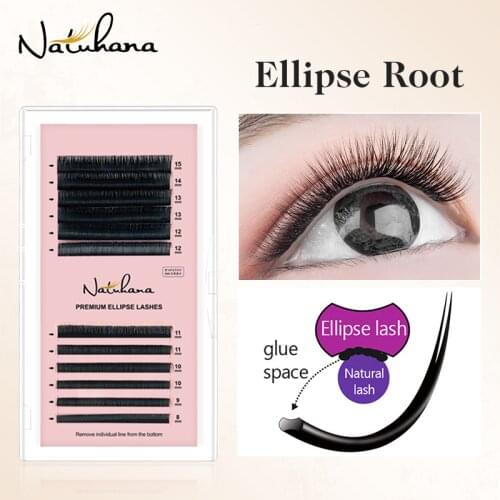 NATUHANA 8~15 Mix Ellipse Flat Eyelashes Extensions Matte Faux Mink Lashes Individual Split Tips Ellipse Shaped Lash Extension