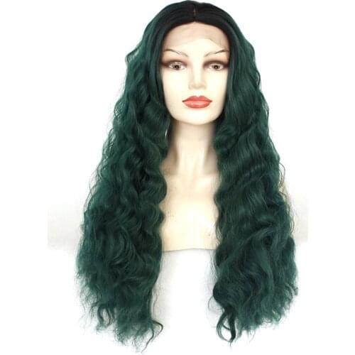 Natural Soft Loose Curly Long Hair Lace Front Wig Water Wave Black Ombre Grass Green Heat Resistant Synthetic Wigs for Women