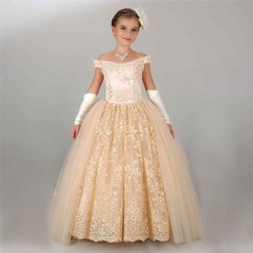 New Arrivals Flower Girls Lace Appliques Cap Sleeve Ball Gowns Beading Floor Length Pageant First Communion Dresses Wedding Gown