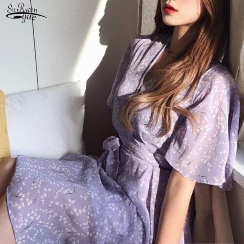 New Plus Size Summer Dress Girls Boho Party Chiffon Female Vintage Dresses Purple Print Short Sleeve Women Dresses Robe Vestido