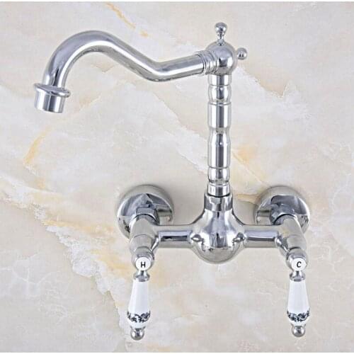 Polished Chrome Brass Wall Mounted Bathroom Kitchen Sink Faucet Swivel Spout Mixer Tap Dual Ceramics Handles Levers mnf566