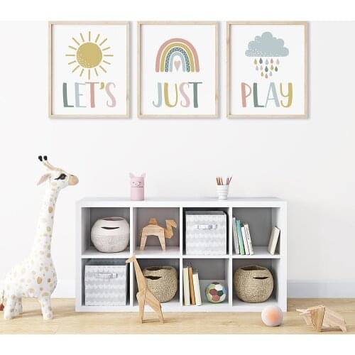 Lets Just Play Quote Poster Paintings Rainbow Weather Nursery Wall Art Print Canvas Painting Nordic Picture Girl Baby Room Decor