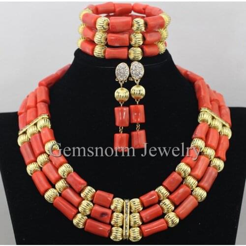 Handmade 3 Rows Nigerian Wedding Coral Beads Jewelry Set African Bridal Costume Dubai Gold Jewelry Set Free Shipping CNR359