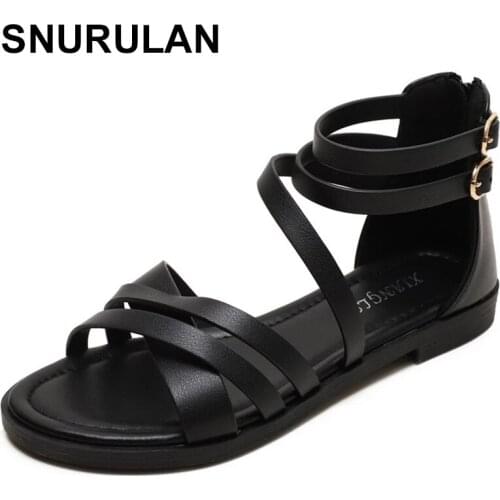 SNURULAN2021 Summer New Women Sandals Female Fashion Gladiator Flat Sandals Plus Size 36-42 Leather Shoes