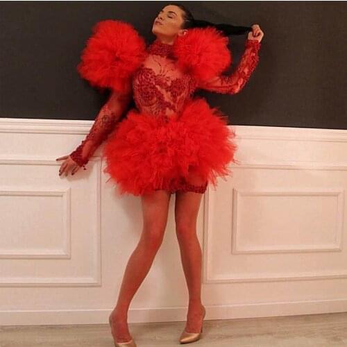 Sexy See Through Cocktail Dresses High Collar Long Sleeve Beaded Ruffles Tiered Mini Party Prom Gowns Short Dress Club Wear