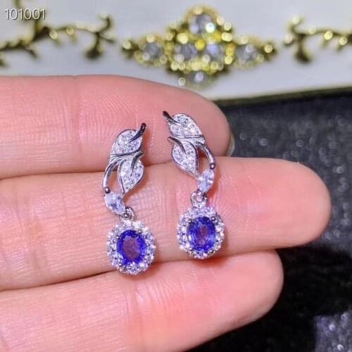 Natural blue sapphire drop earrings Natural purple crystal earrings Elegant lovely Leaf round S925 silver female party jewelry
