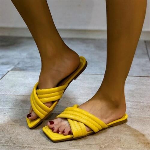 Summer Fashion Flat Slippers Ladies Sandals Slip On PU Leather Women Weave Slides Square Toe Female Flip Flops Womens Shoes