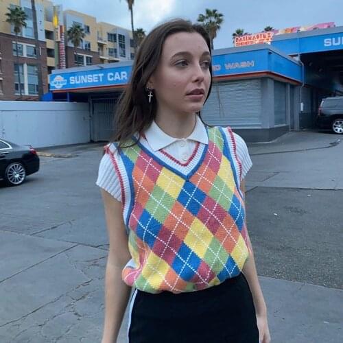 Urifens Spring Rainbow Color V Neck Argyle Plaid Knit Vest 2021 Korean Womens Sleeveless Loose Waistcoat Female Jumper BN29U