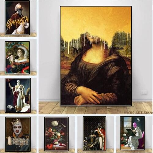 Vintage Mona Lisa Abstract Poster Masked Palace Man Graffiti Oil Painting Canvas Print Europe Famous Cuadros for Room Hoom Decor