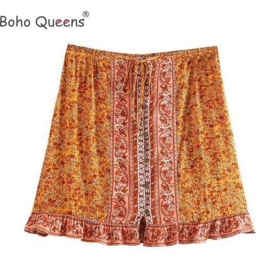 Boho Queens Hippie women floral printed beach Bohemian short skirt ladies rayon cotton elestic waist mini boho skirts