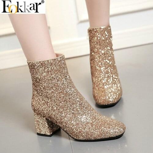 Eokkar 2020 Women Glitter Ankle Boots Square High Heel Sparkly Short Boots Winter Sequins All Match Ladies Booties Size 34-43