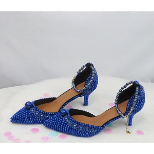 LoveinCrystal Blue Peal Women Pointed Toe Sandals Bride Wedding Shoes Ankle Strap Pumps Party Dress Shoes Thin High Heels
