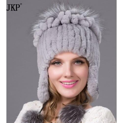 Women natural Rex rabbit fur hat winter warm thick knit real fox cap female new free shippingTHY-38