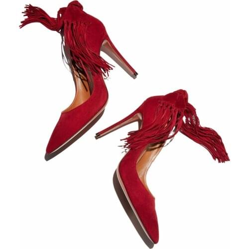 Woman High heel shoes suede fringed stiletto heels red wedding Shoes pointed toe bowtie high heels tassel pumps