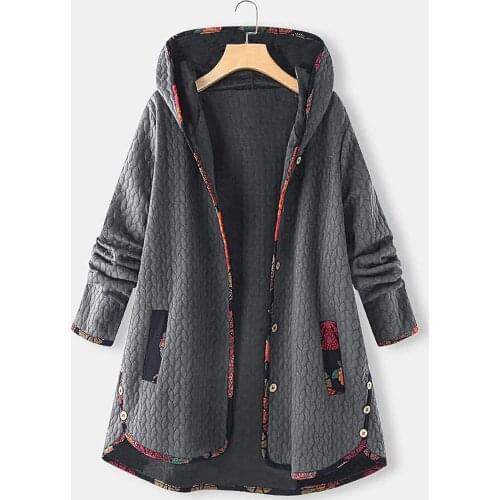 Women Fashion Retro Printing Splicing Button Hood Cardigan Long Sleeves Coat Jacket Casual High Quality Warm Overcoat Long Coats