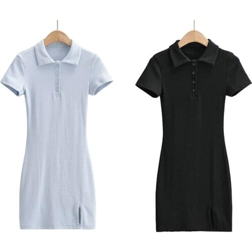 Womens Slim Fit Net Face Side Slit Lapel Fake Pocket Decoration Dress