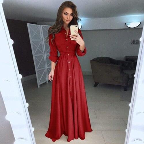 Robe chemise femme Autumn women pocket long sleeve turn-down collar button up maxi dress with sash Solid black long shirt dress