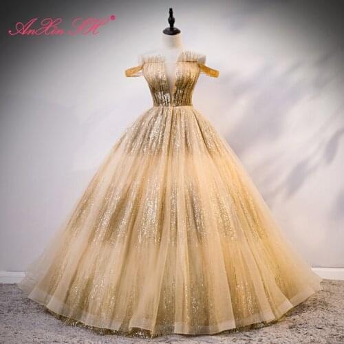 AnXin SH vintage princess boat neck golden lace ball gown ruffles sparkly bride party host lace up evening dress