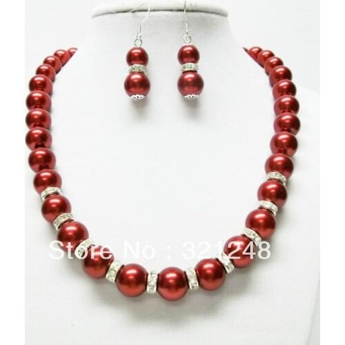 10mm Red Shell Simulated-Pearl Perfect Round Beads Necklace Earring Jewelry Set For Women Free Shipping 18inch MY2006