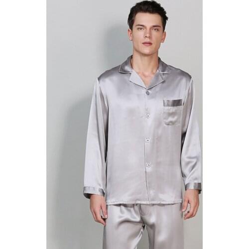 100% Mulberry Silk Men Pajama Sets Notch Collar Long Sleeves Top with Full-Length Pant with Elastic Waist Pajamas Pyjama sp0139