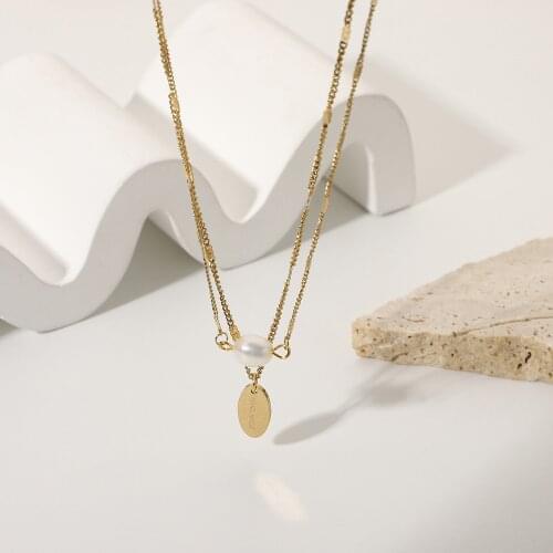 14K Gold Plated Stainless Steel Double Chain Freshwater Pearl Necklace For Women Oval Handmake Lettering Pendant Choker Jewelry