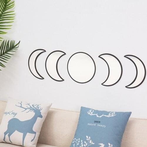5PCS Moon Mirrors for Wall Decor Mirrors Living Room Nordic Style Wooden Decorative Mirror Moon Phase Wall Bedroom Mirror